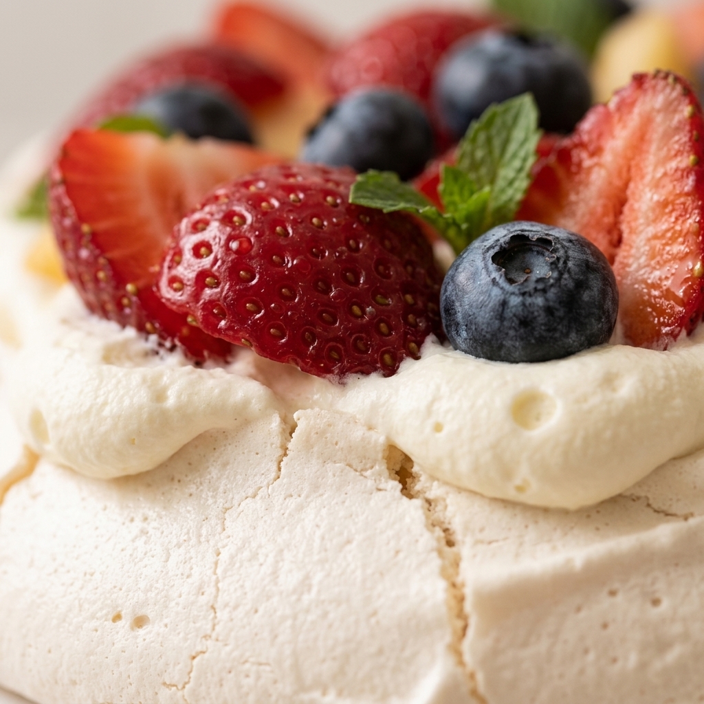 Pavlova Frutal — Detalle de Texturas Artesanales